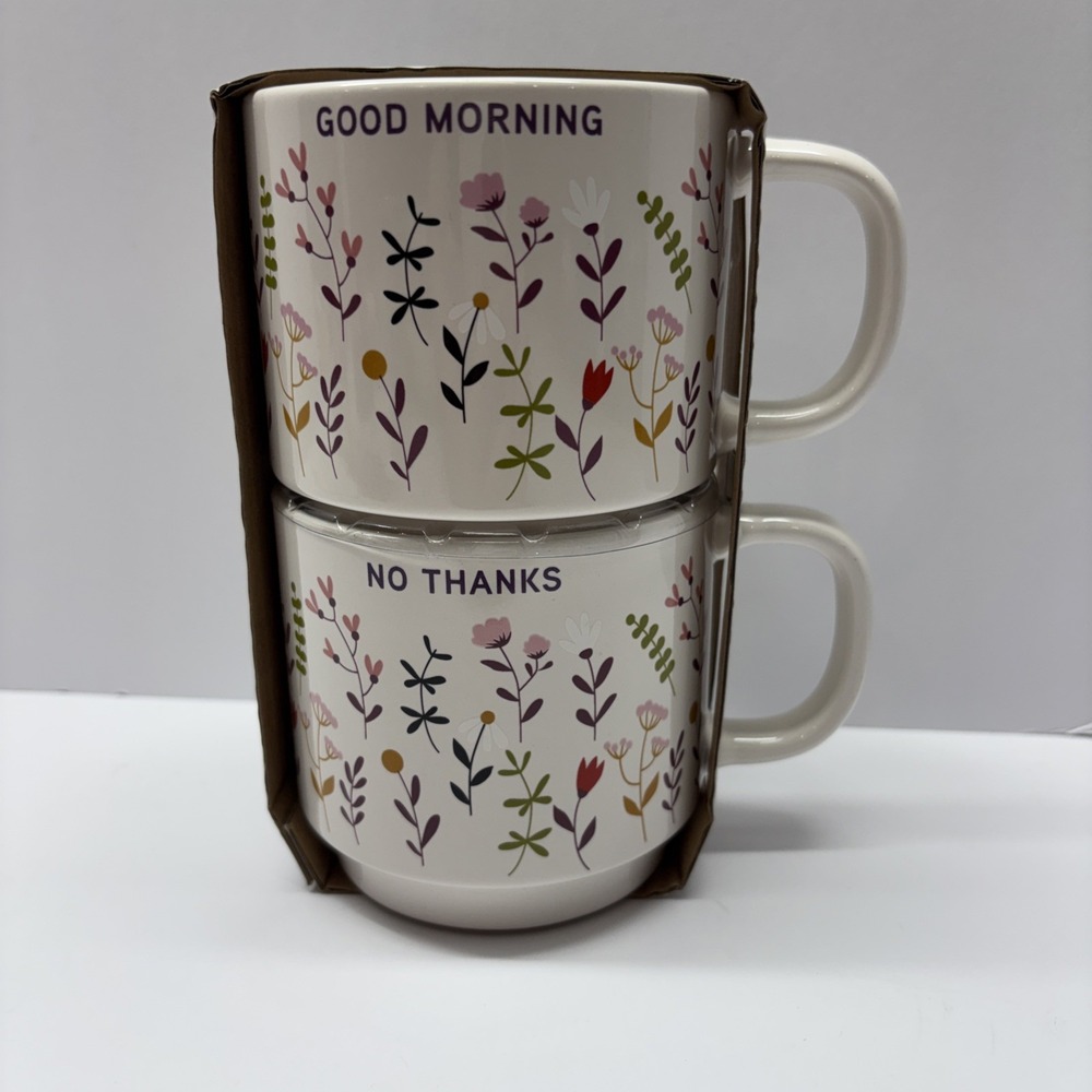 2 Thyme & Table Stacking Good Morning W Flowers Cream Mugs
